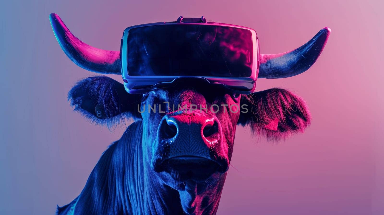 A bull wearing a virtual reality headset with the words "virtual" and "reality" written on it, AI by starush