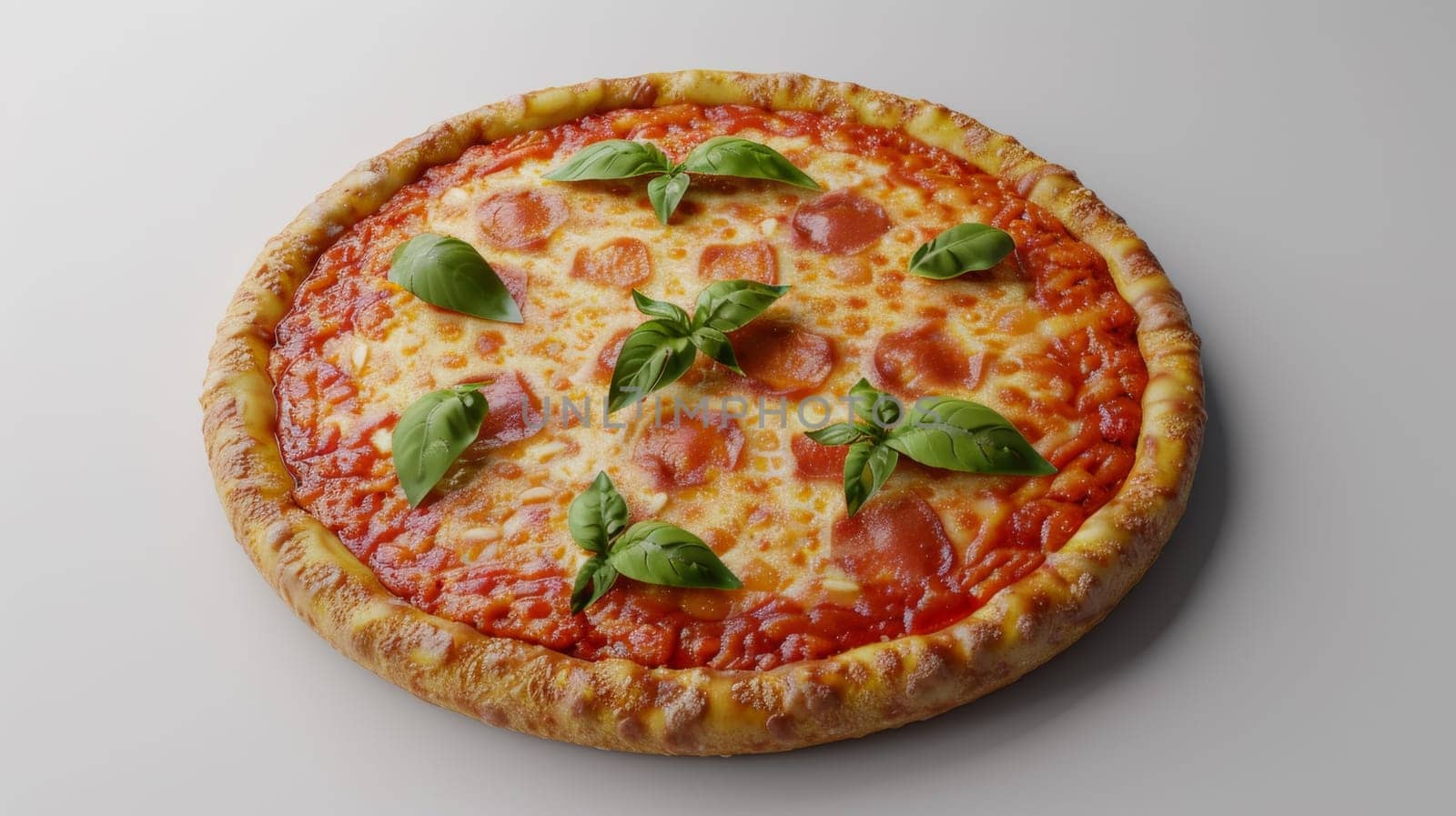 A pizza with basil leaves on top of it sitting on a table, AI by starush