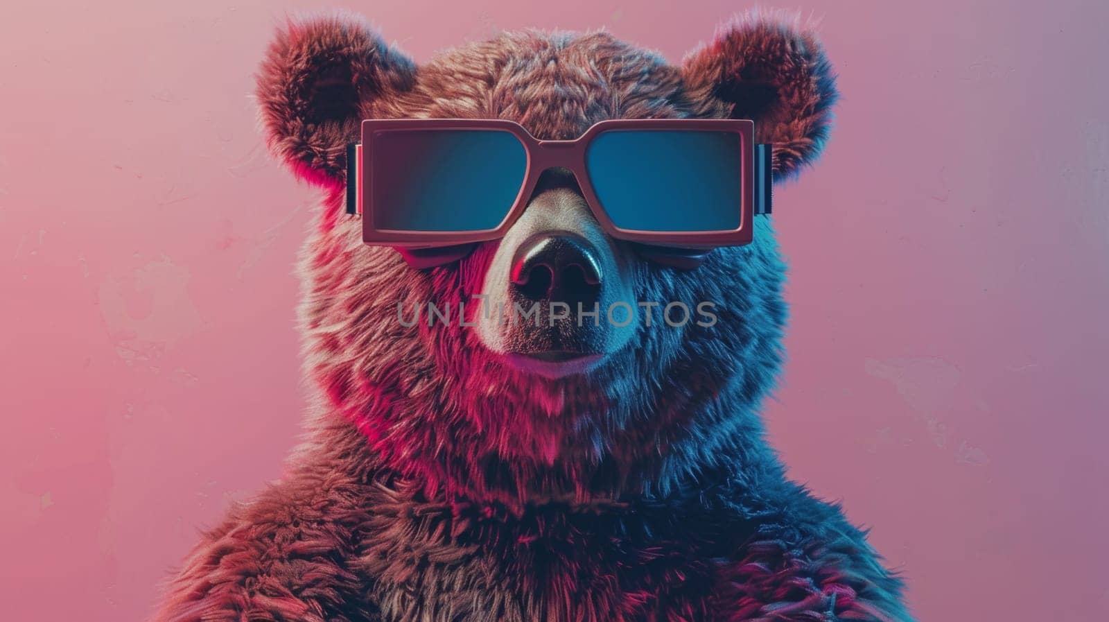 A bear wearing sunglasses with a pink background and red filter, AI by starush