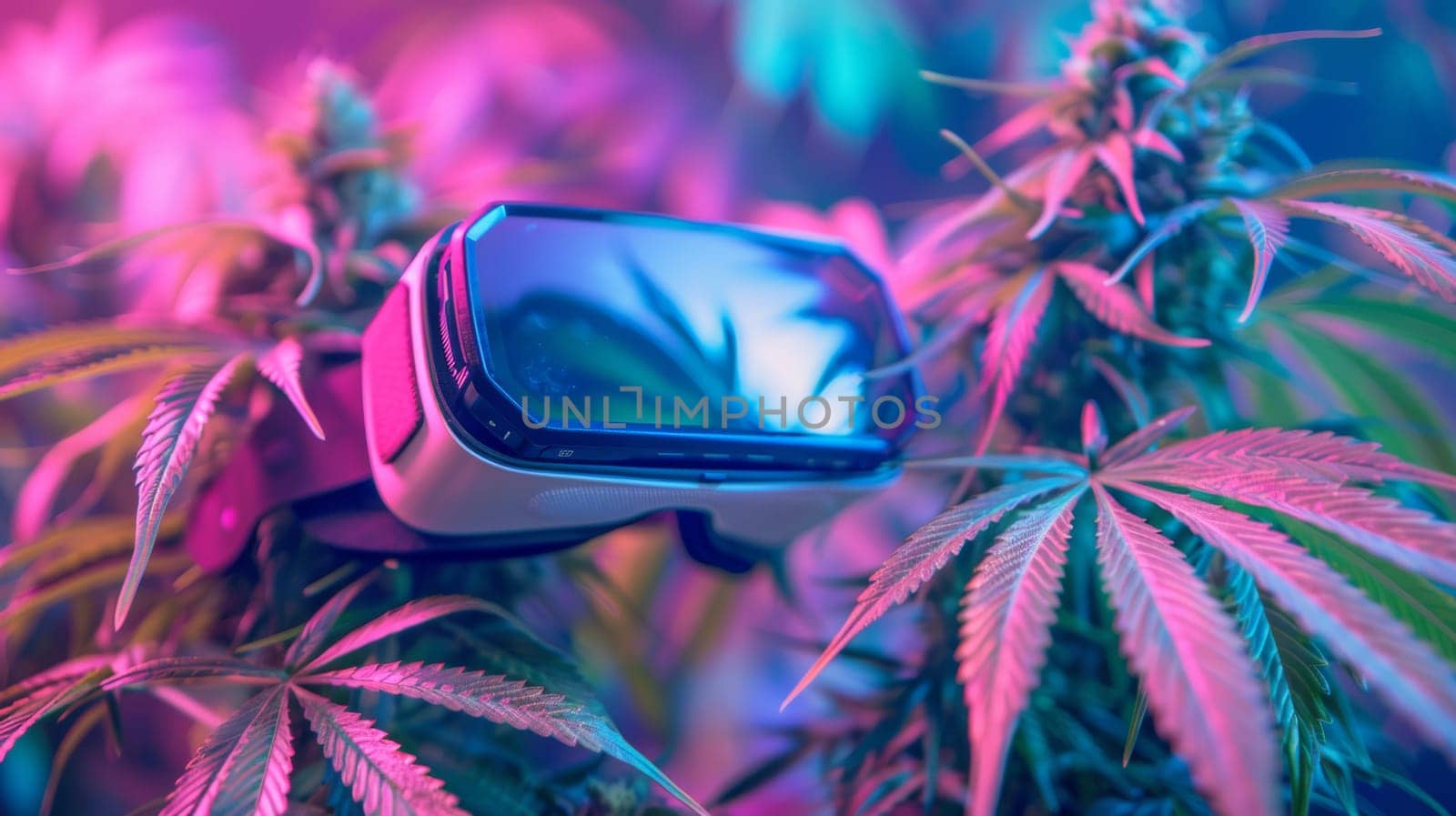 A vr headset on top of a marijuana plant with leaves