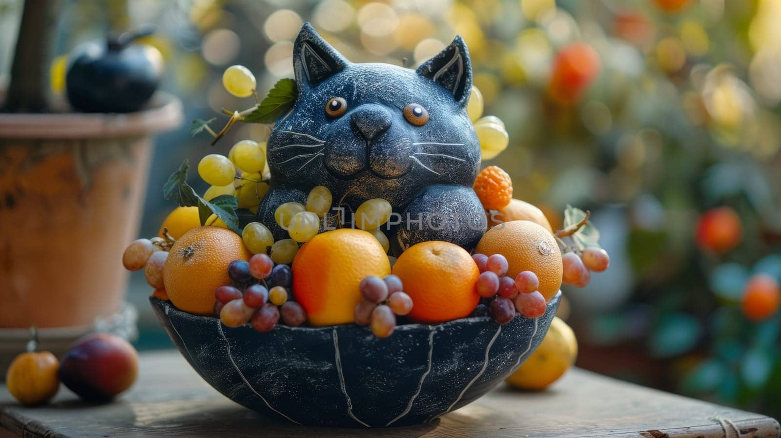 A cat statue with a bowl of fruit on top
