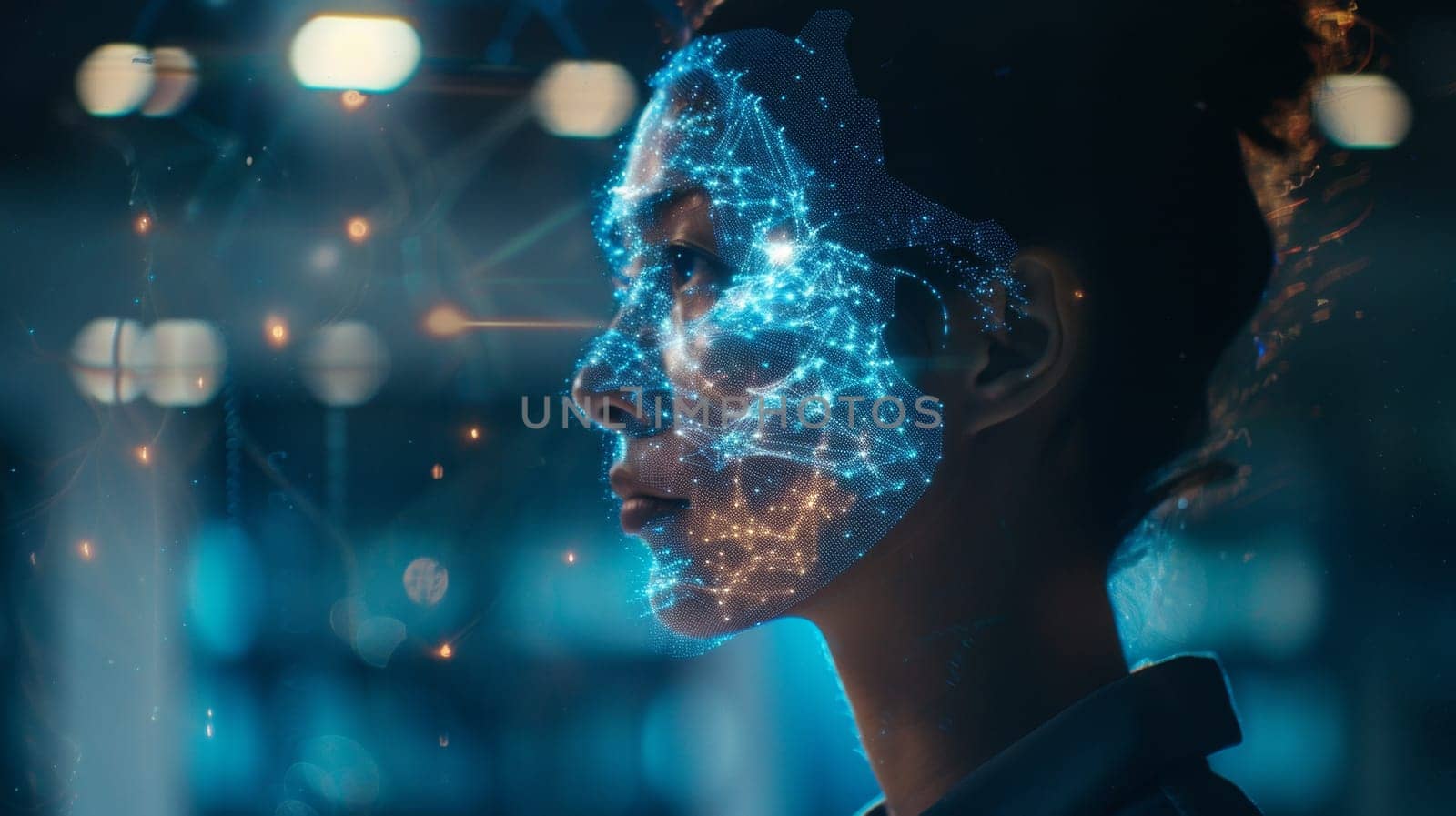 A woman with a glowing face and wires connecting her, AI by starush