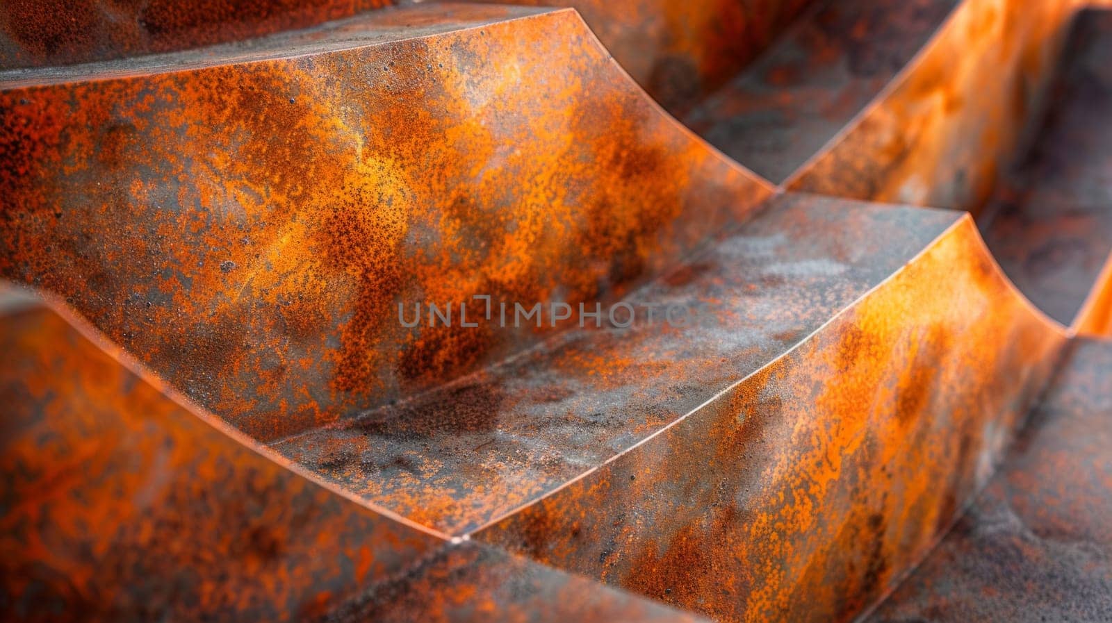 A close up of a metal staircase with orange paint on it