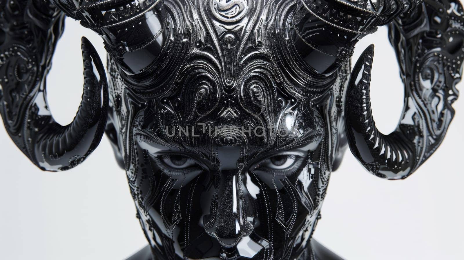 A close up of a black sculpture with horns on it, AI by starush