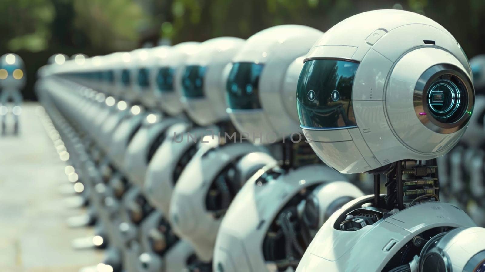 A row of robots lined up in a line on the ground