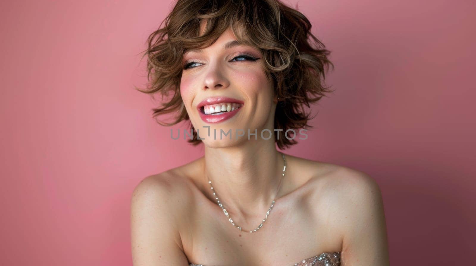 A transgender woman with short hair and a dress laughing, AI by starush