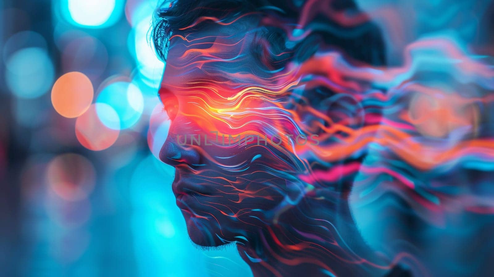 A man with a blurred face and eyes in front of colorful lights, AI by starush