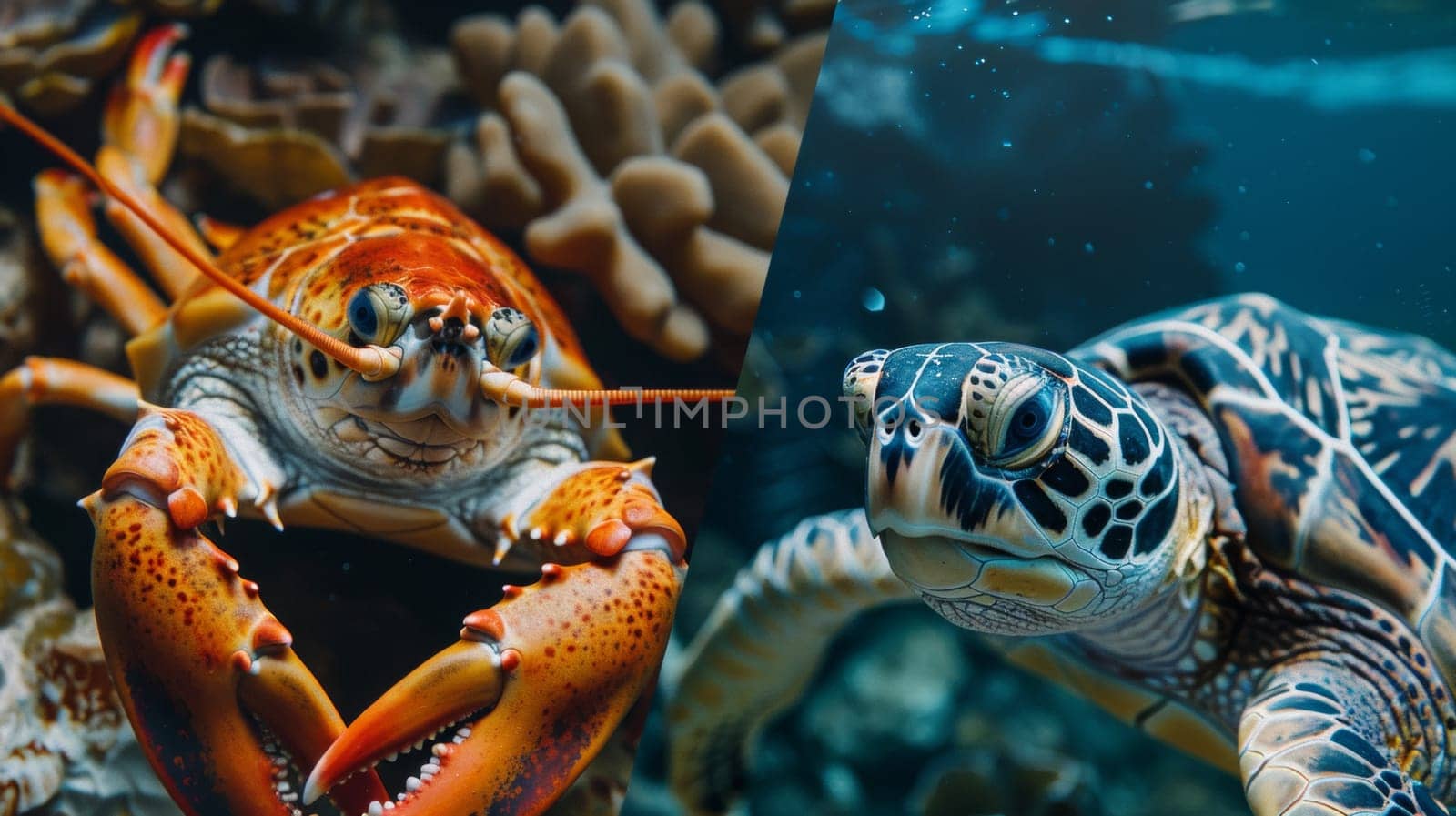 Two pictures of a turtle and turtle and lobster chimera in the ocean, AI by starush