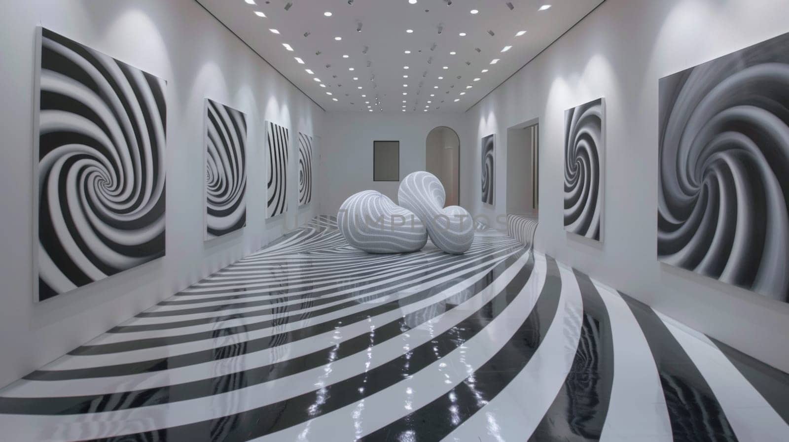 A room with a white and black floor that has some art on it, AI by starush