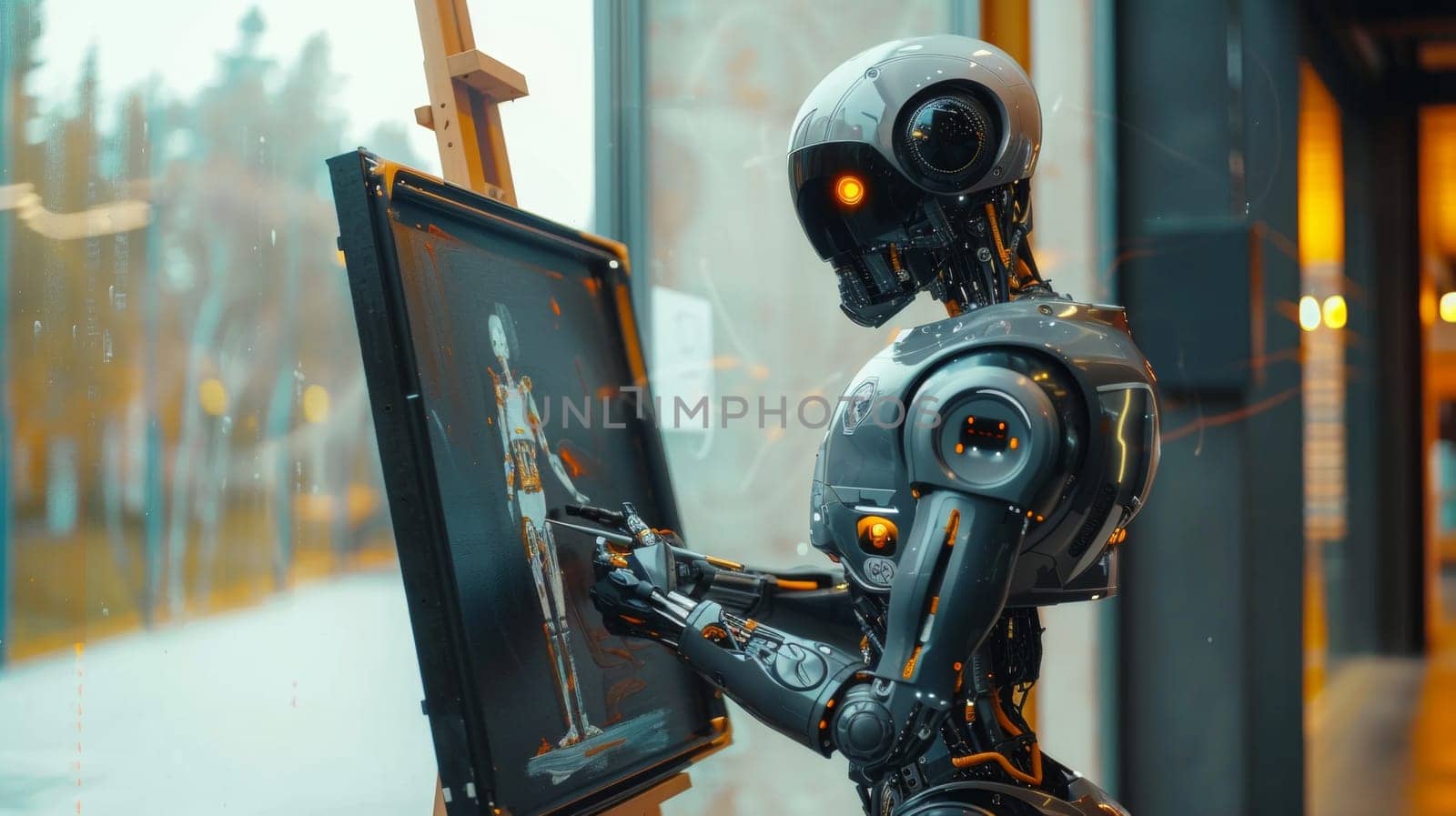 A robot holding a picture in front of an easel, AI by starush