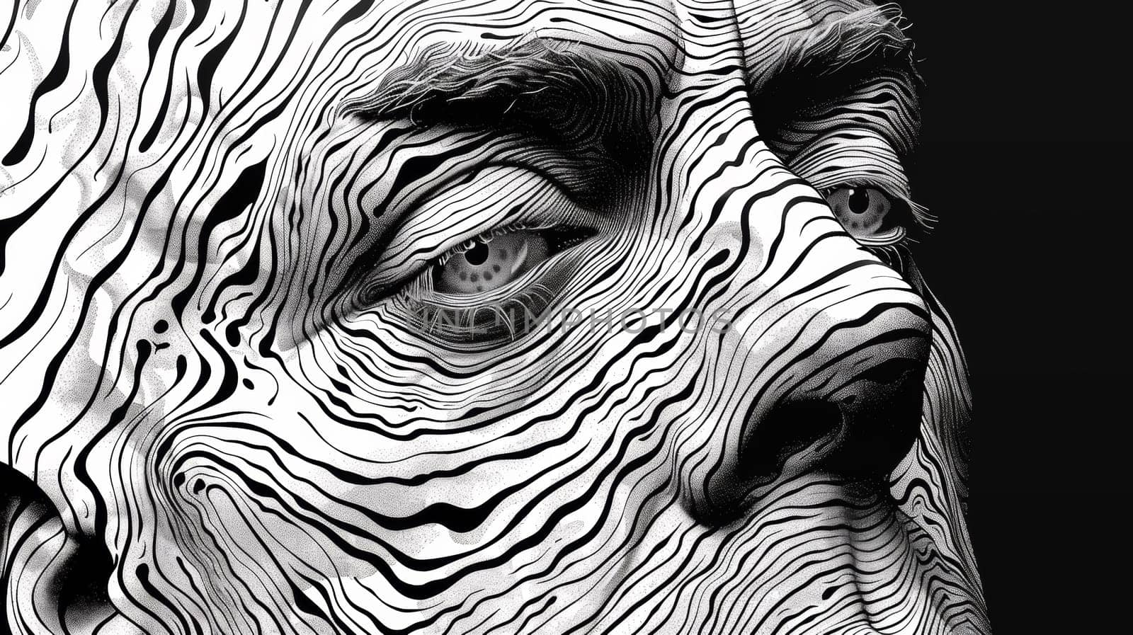 A close up of a man's face with zigzag lines, AI by starush