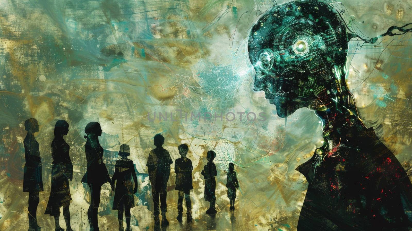 A painting of a group of people standing in front of an abstract head, AI by starush