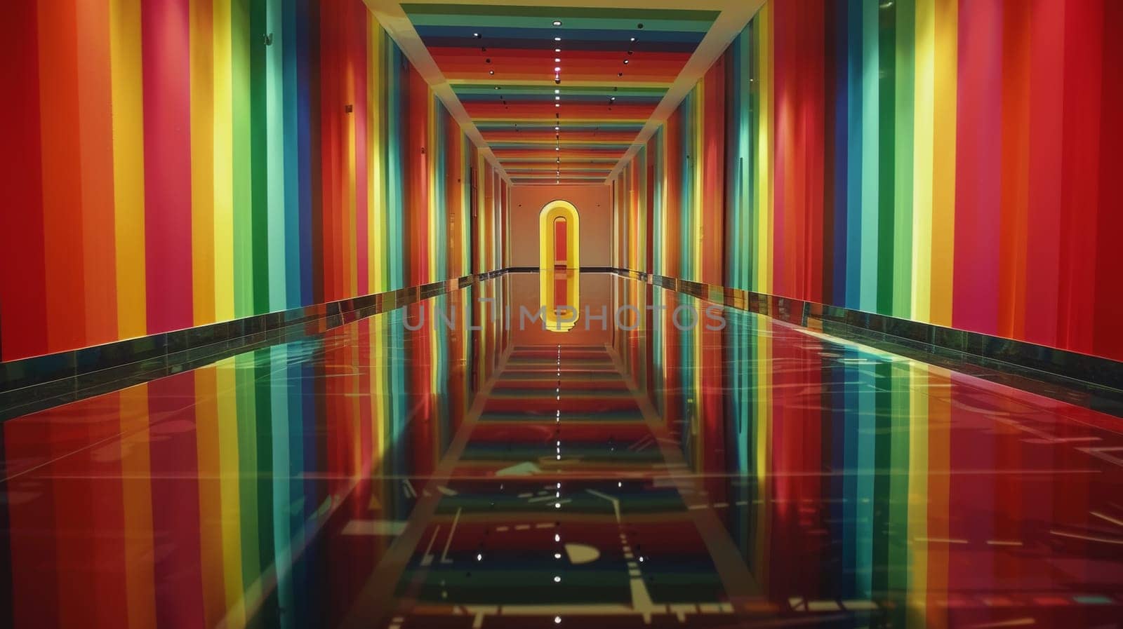A long hallway with a mirror on the wall and rainbow stripes