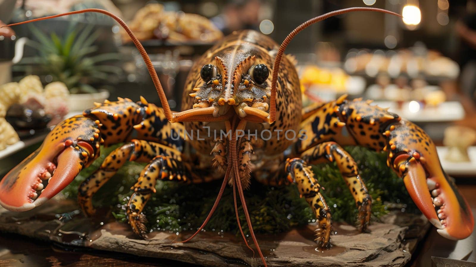 A large lobster sitting on top of a table with other food
