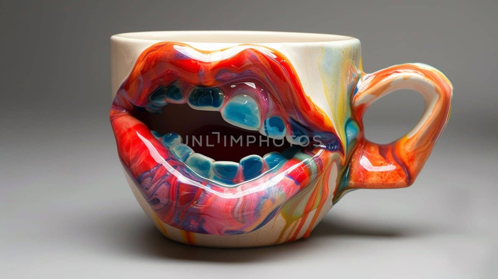 A colorful coffee mug with a mouth painted on it