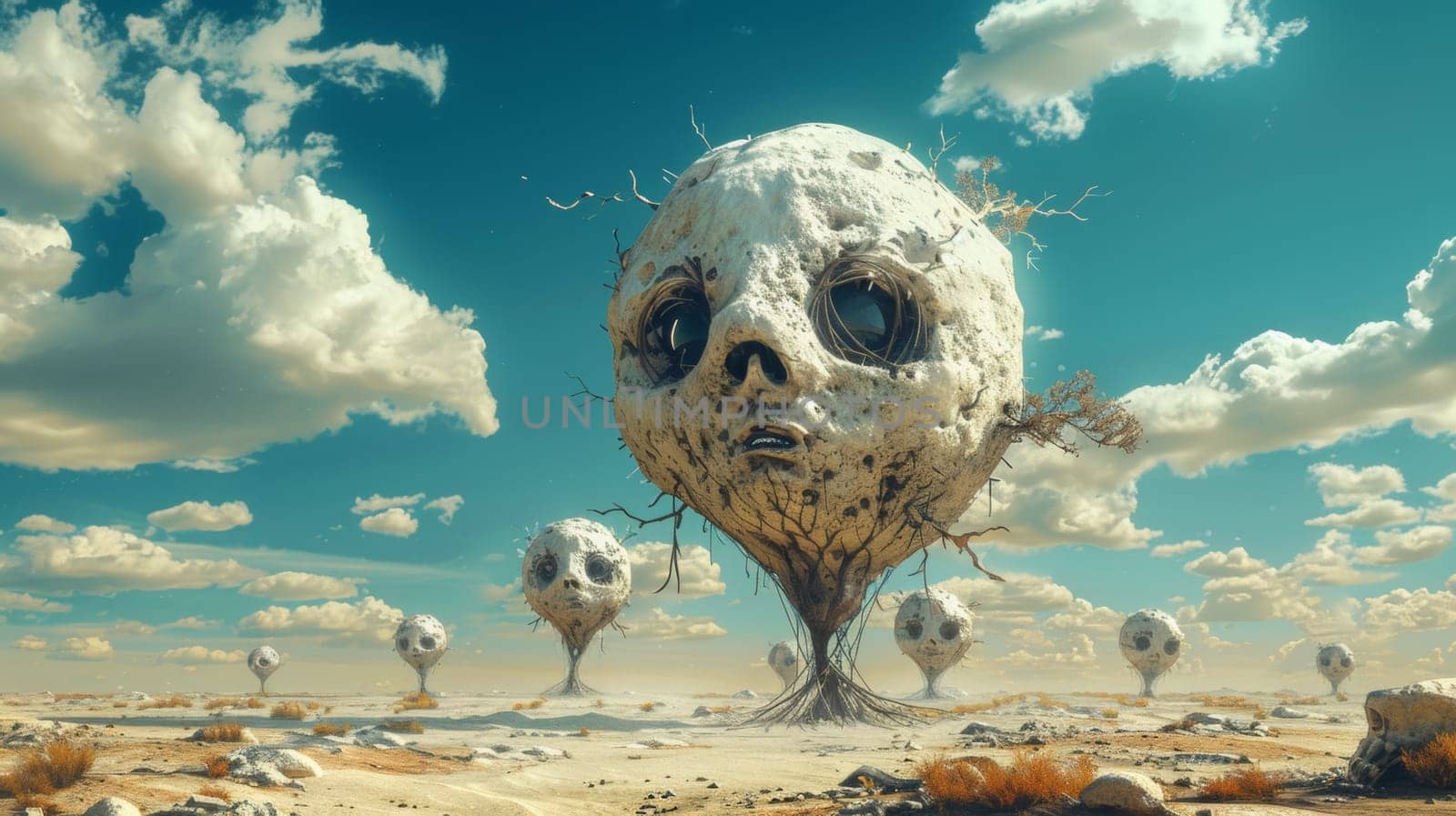 A group of strange looking heads are in a desert