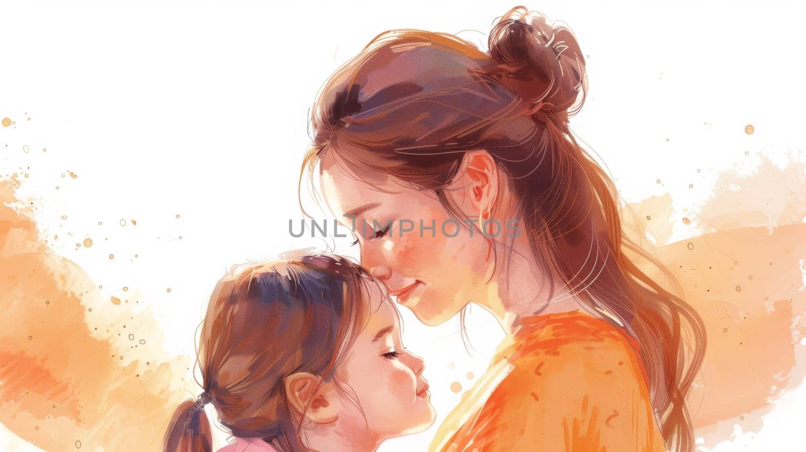 A woman and child hugging each other with a watercolor background
