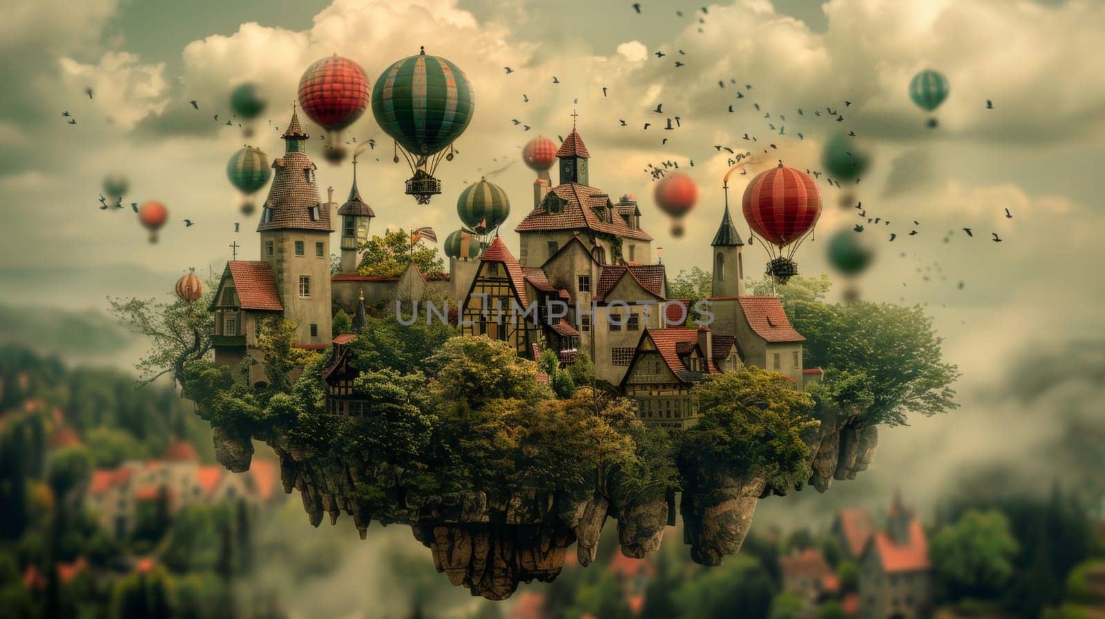 A small village with many hot air balloons floating in the sky