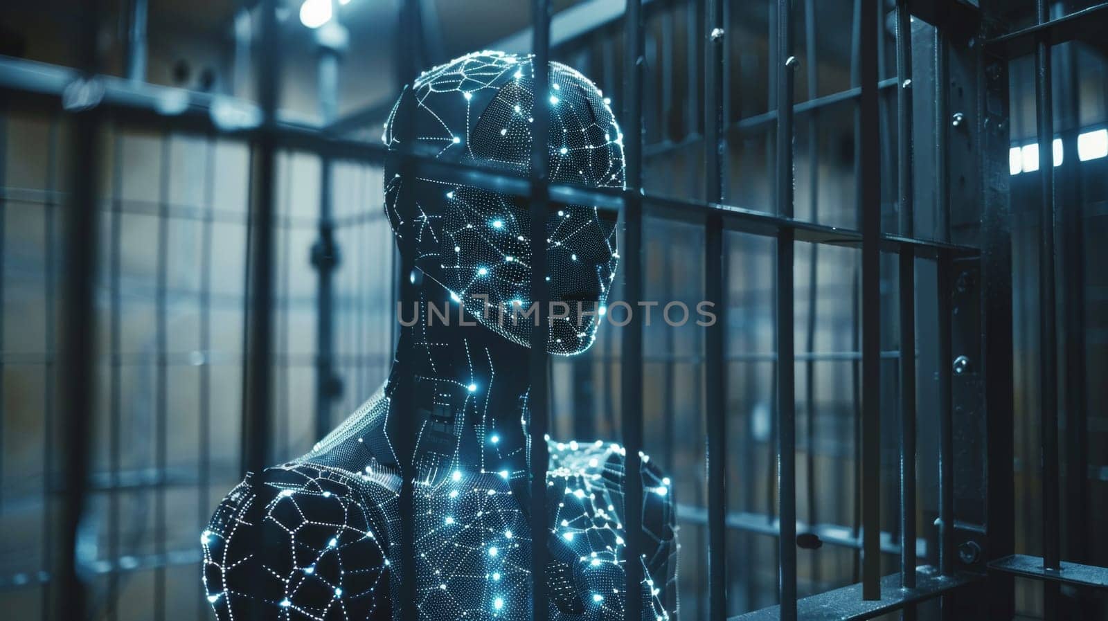 A mannequin in a cage with glowing lines on it