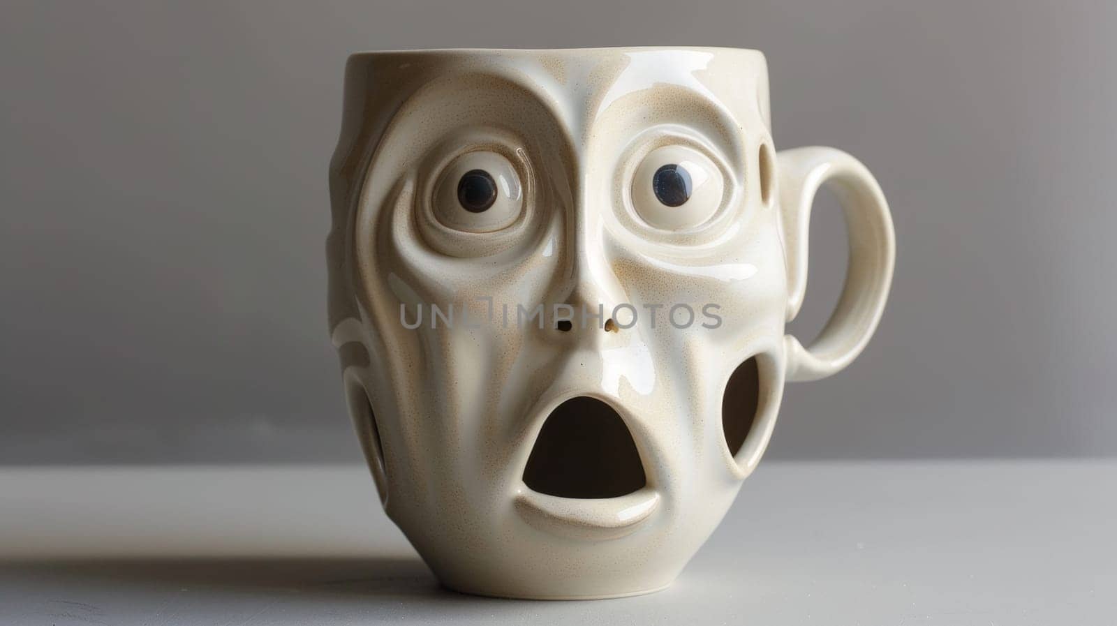 A white coffee mug with a face on it sitting in front of gray background