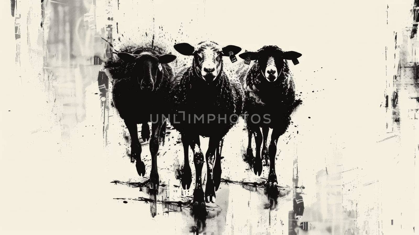 A black and white painting of three sheep walking down a road