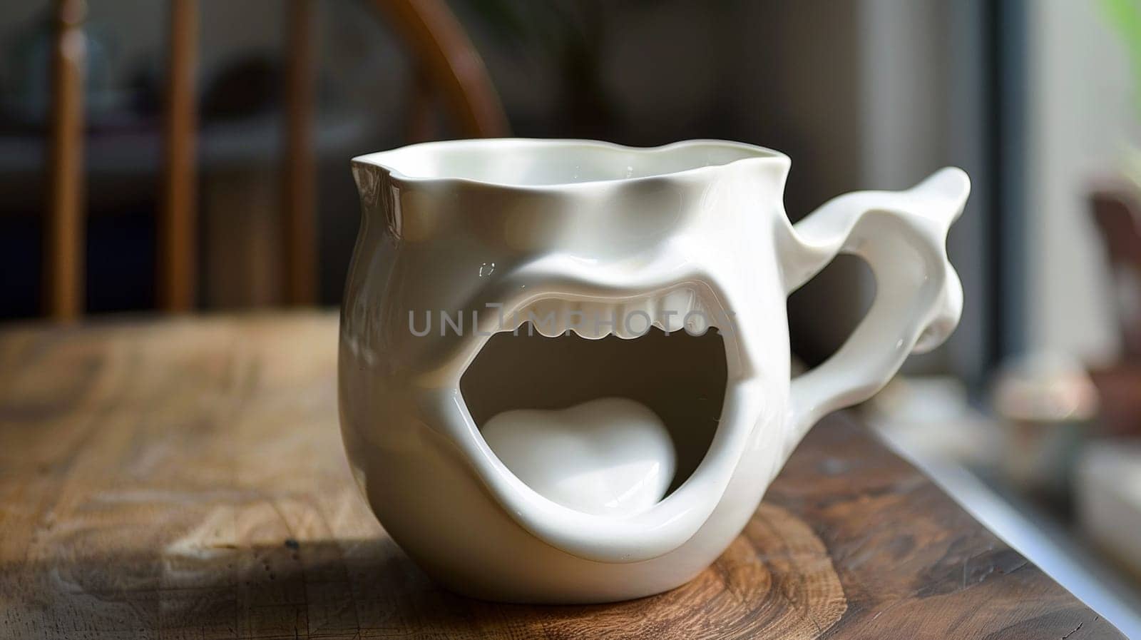 A white ceramic pitcher with a mouth on it sitting in the middle of a table