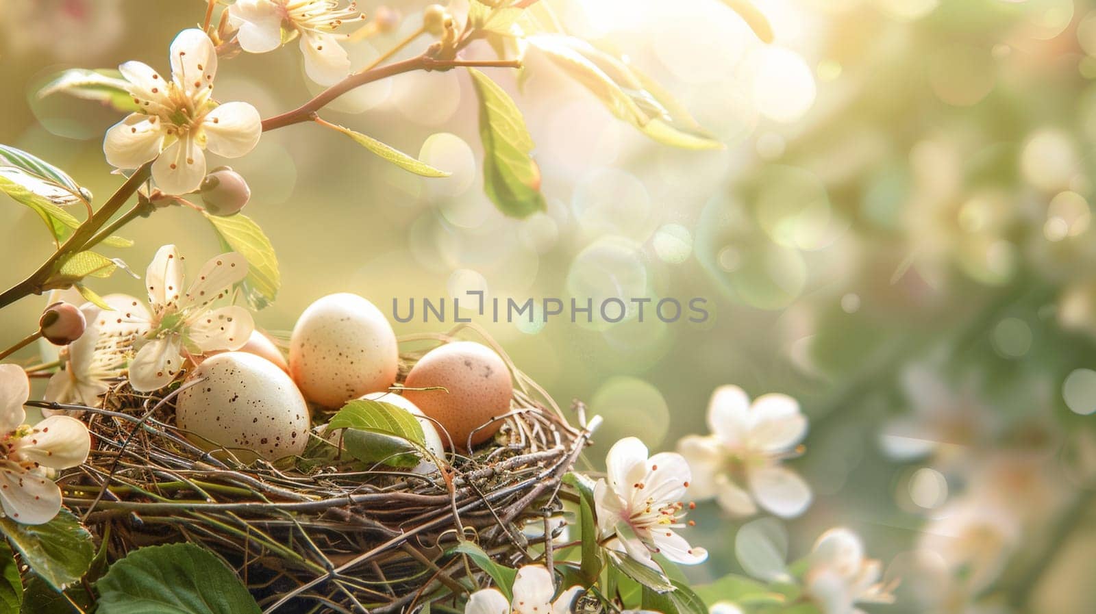 A nest with eggs in it on a tree branch