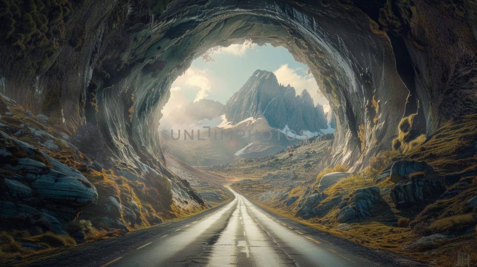 A road leading into a tunnel with mountains in the background