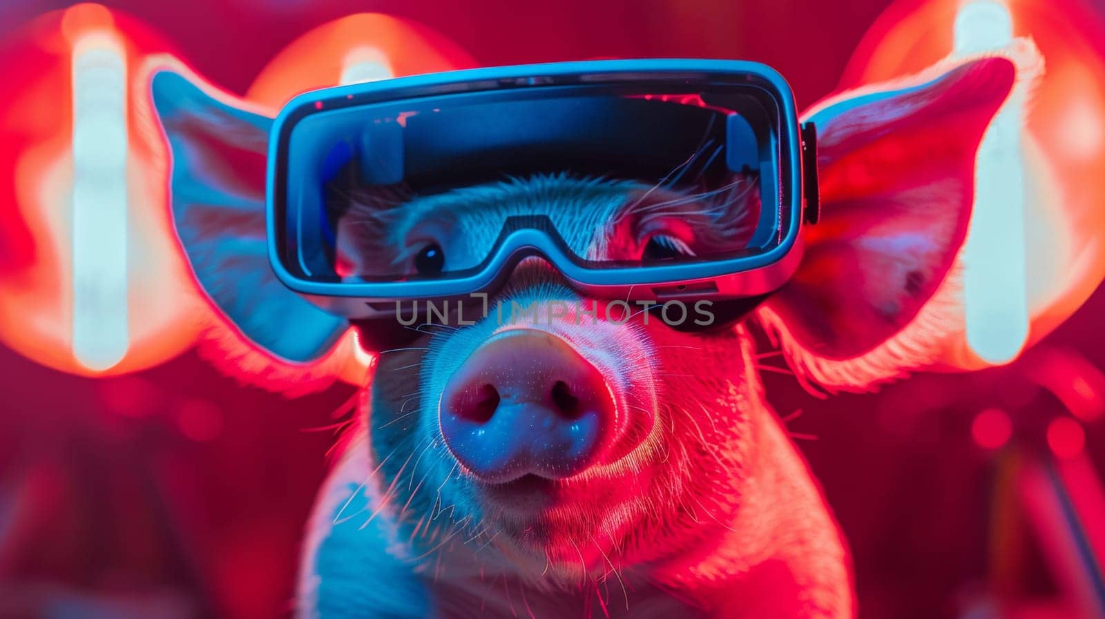 A pig wearing goggles and a red light behind it