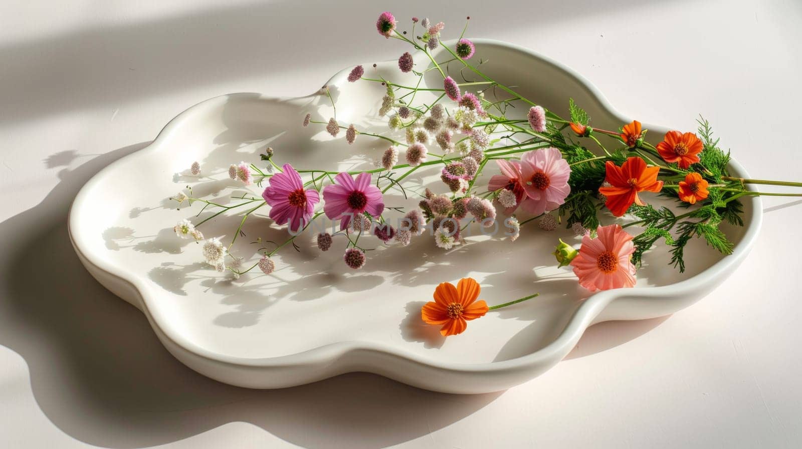 A white plate with flowers on it sitting next to a table