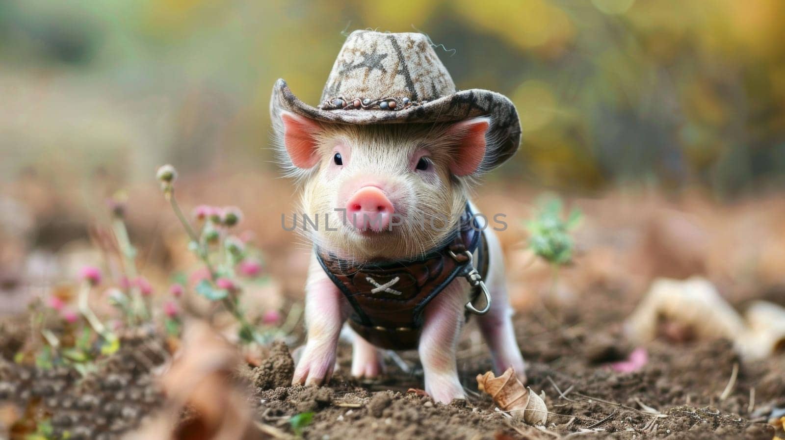 A small pig wearing a cowboy hat and riding on the ground