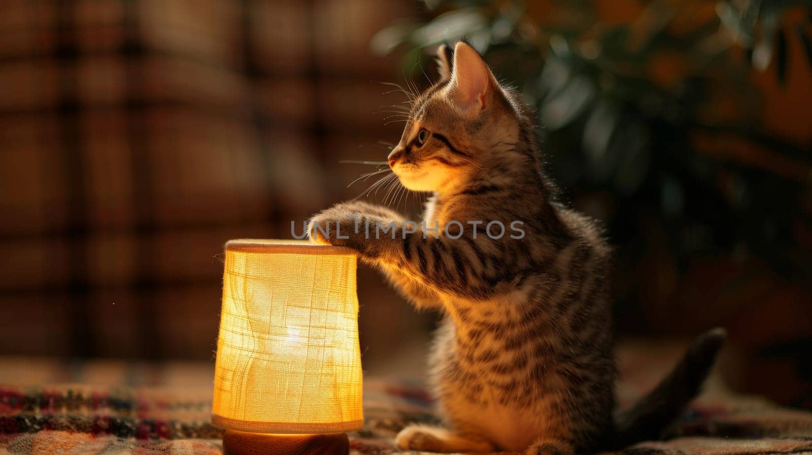 A kitten sitting on a bed with its paw up next to the lamp