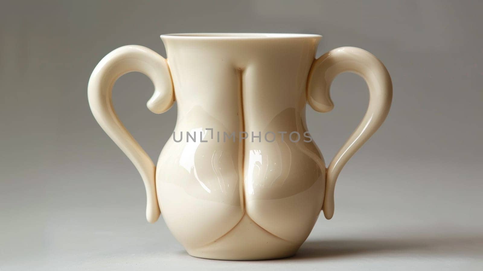 A white vase with a curved bottom and two large handles