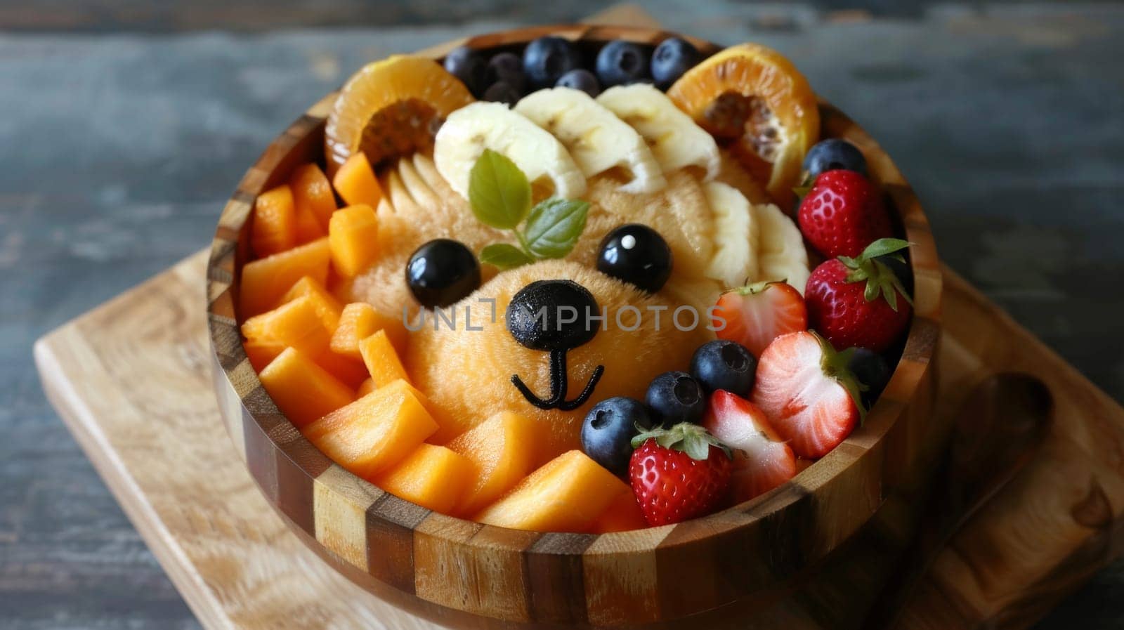 A bowl of fruit arranged in the shape of a bear's face