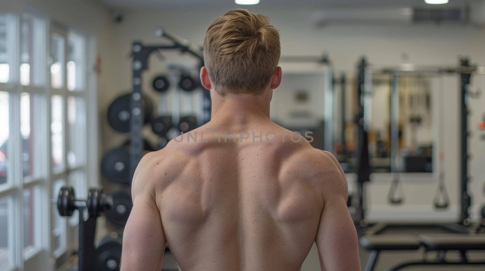A man in a gym with his back to the camera