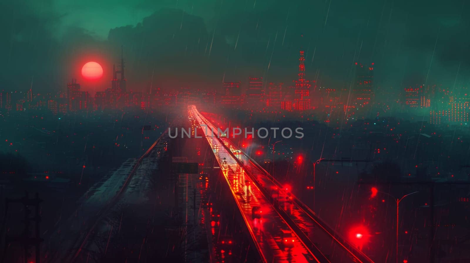 A city skyline with red lights and a train on the tracks