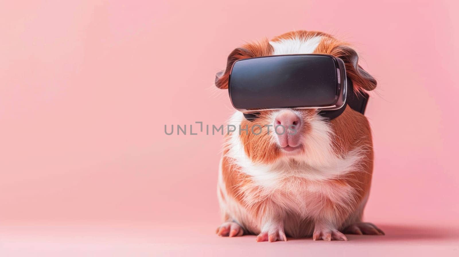 A guinea pig wearing a virtual reality headset on pink background