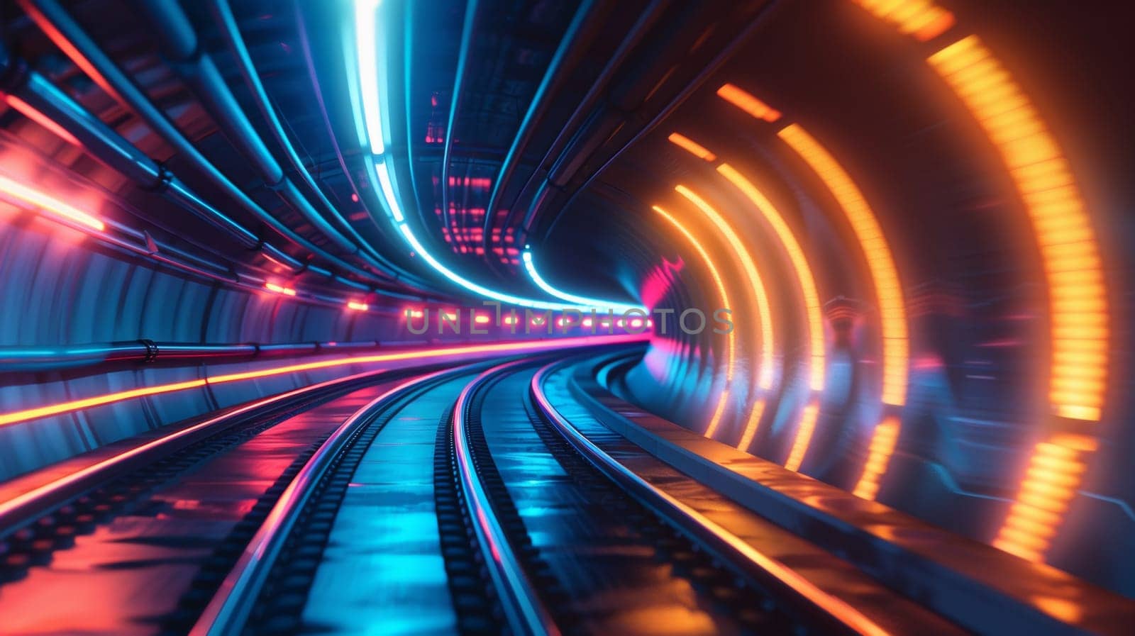 A train is traveling through a tunnel with bright lights