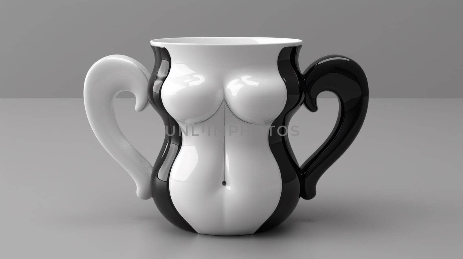 A white and black cup with a woman's body on it