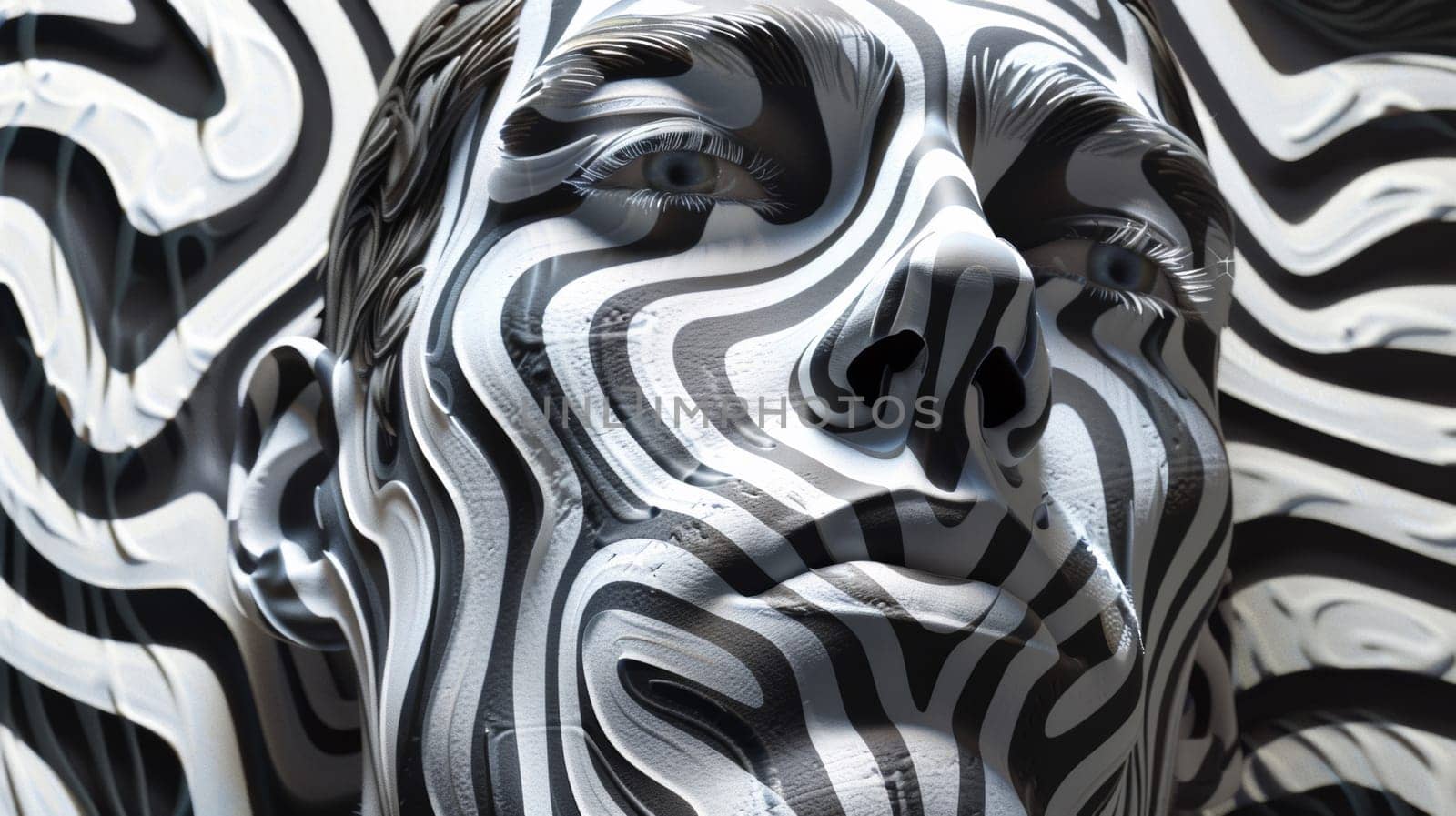 A close up of a man's face painted in zebra stripes