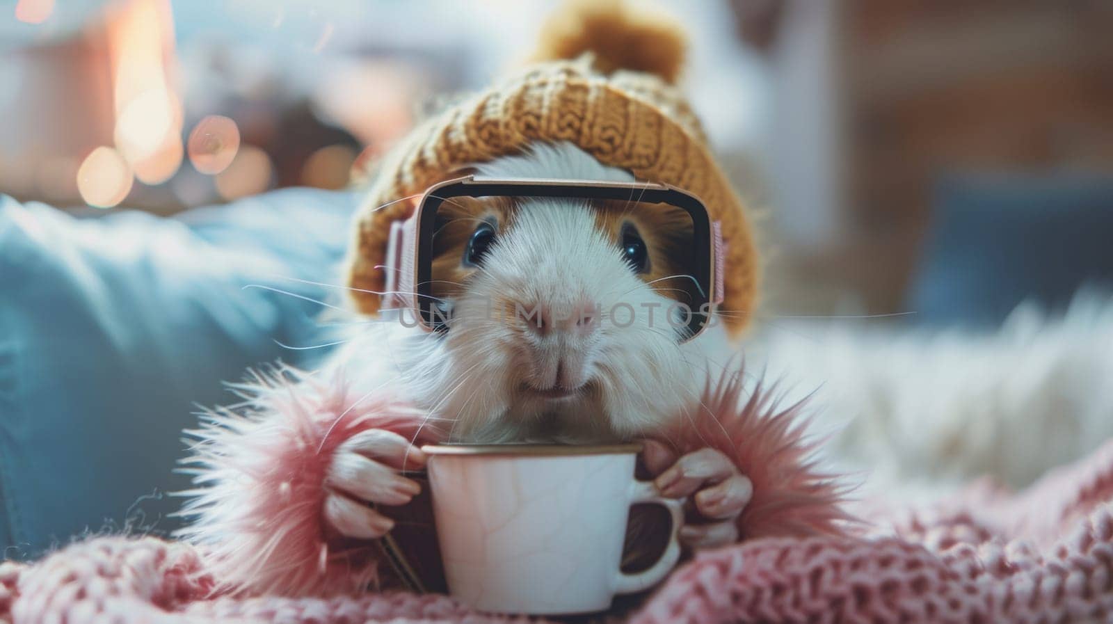 A guinea pig wearing glasses and holding a cup of coffee