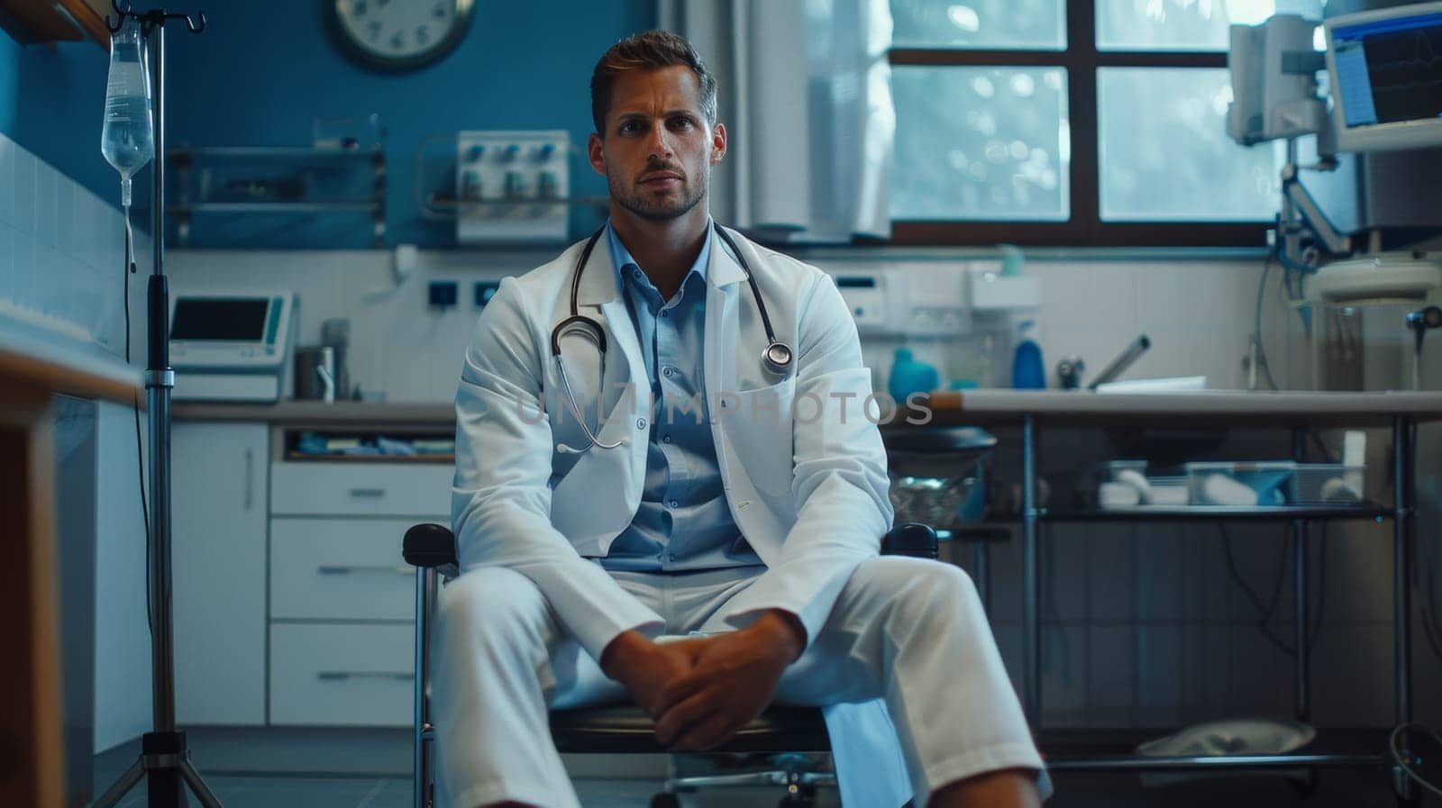 A man in white coat sitting on chair with a stethoscope around his neck