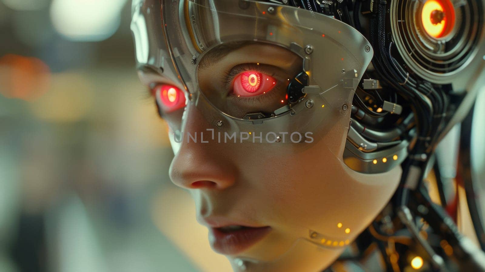 A close up of a woman with glowing eyes and metal face, AI by starush