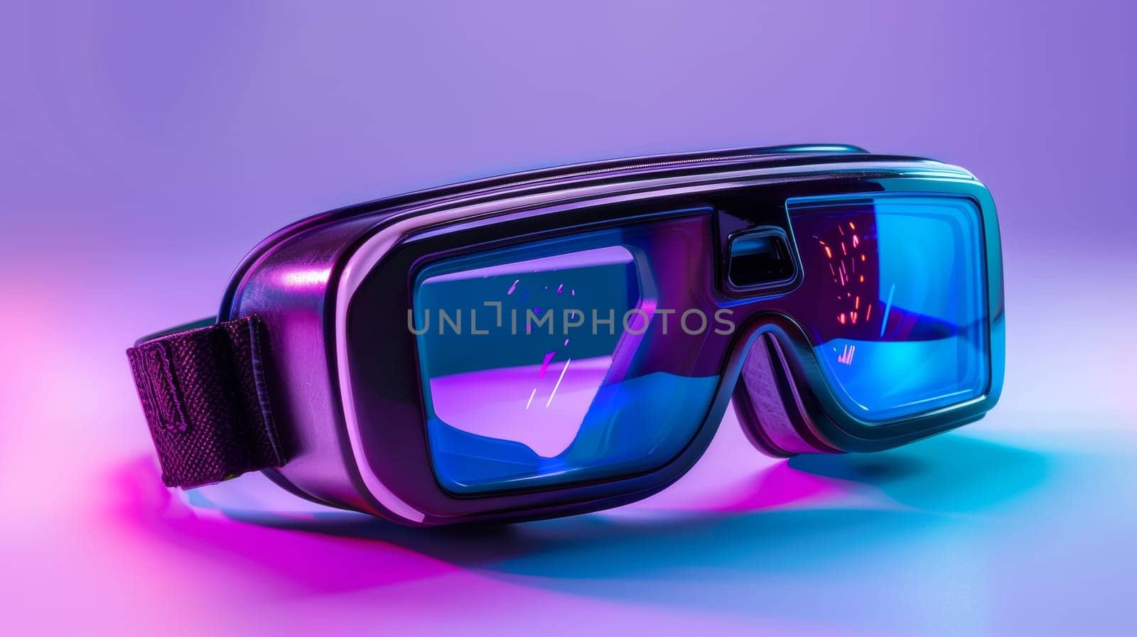 A pair of goggles with blue and purple lenses on a table, AI by starush