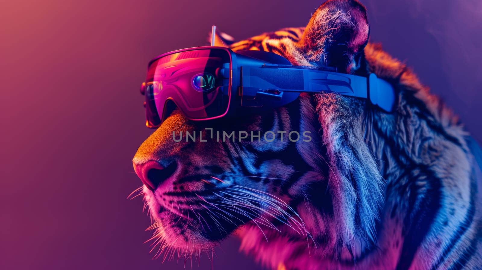 A tiger wearing goggles and a headband with purple background, AI by starush