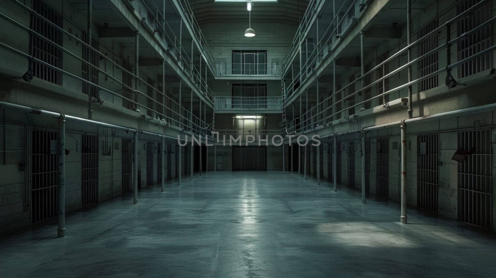 A long hallway with a lot of cells and bars