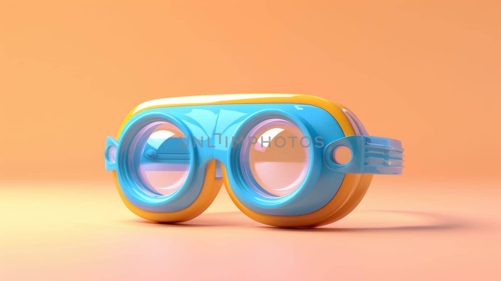 A pair of goggles with blue and yellow lenses sitting on a table