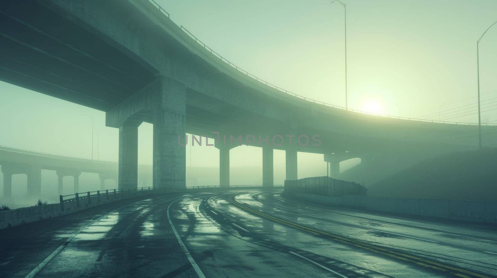 A highway with a bridge over it in the fog, AI by starush