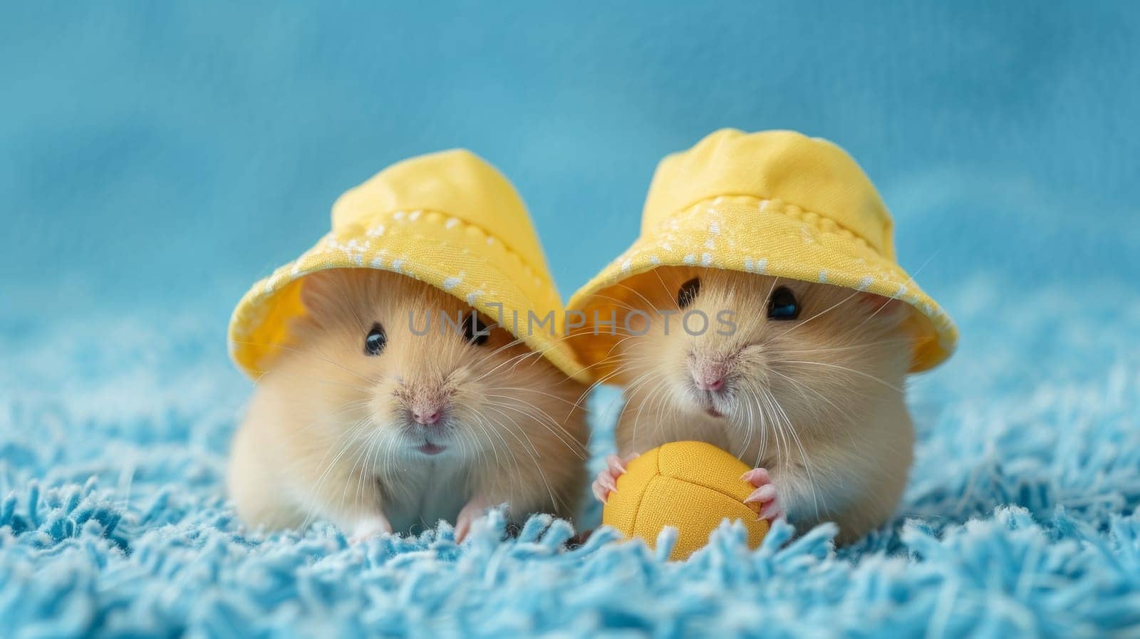 Two small hamsters wearing yellow hats and holding a ball