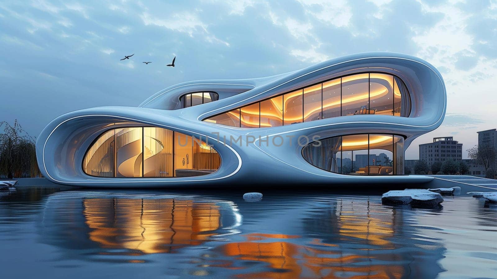 A futuristic house sitting on top of a body of water, AI by starush